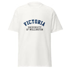 Unisex black t-shirt featuring Victoria University of Wellington logo printed across the front chest