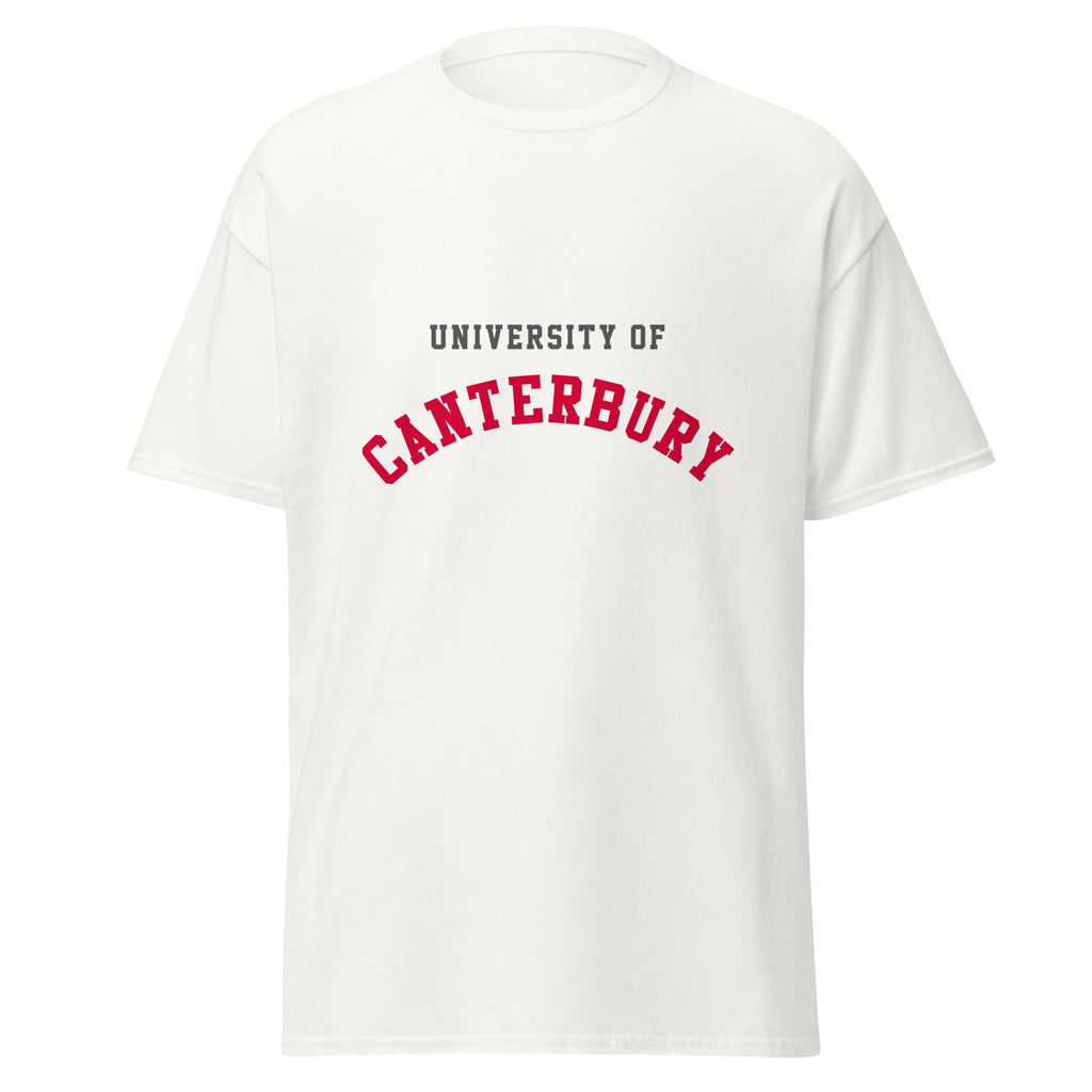 Unisex black t-shirt featuring University of Canterbury logo printed across the front chest