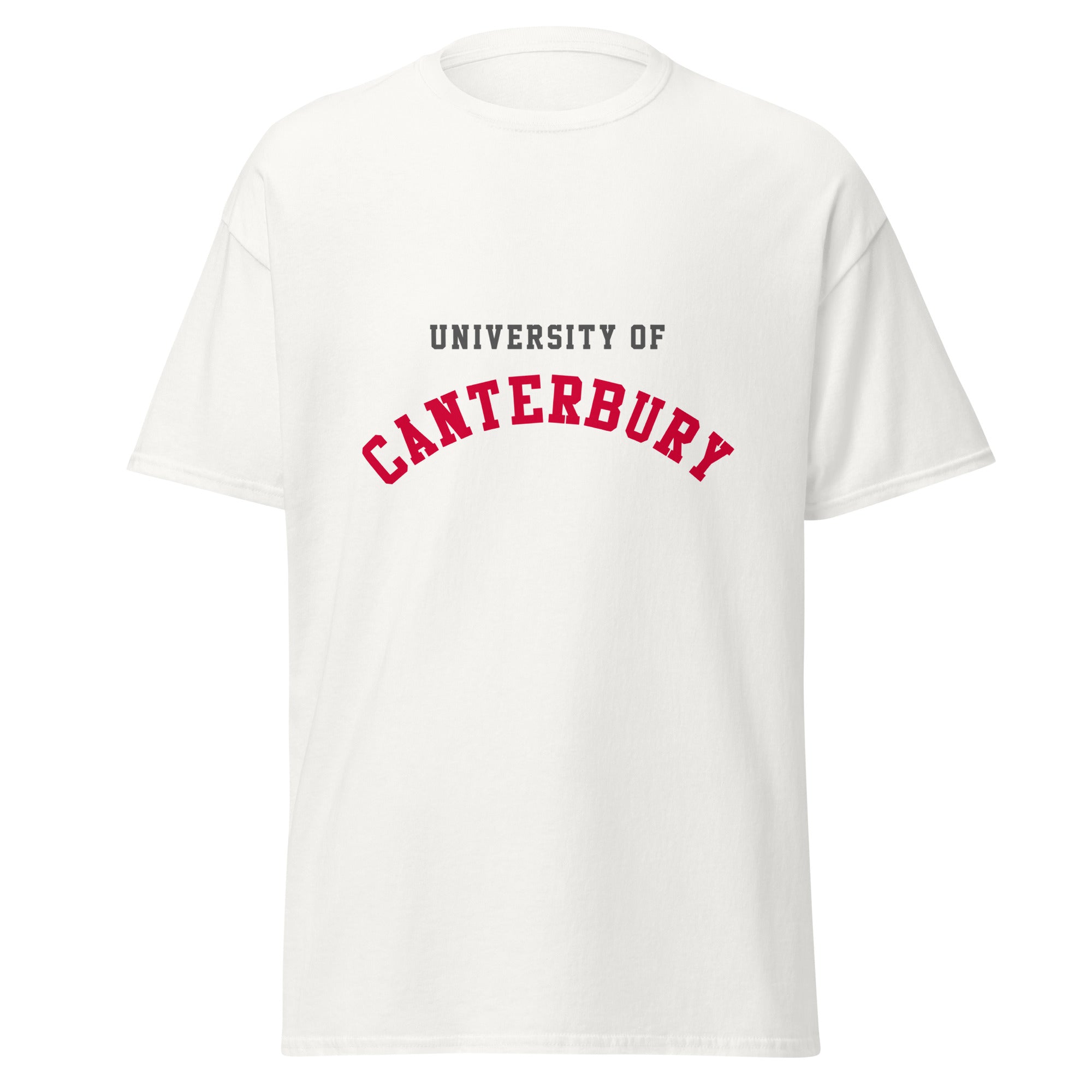 Unisex black t-shirt featuring University of Canterbury logo printed across the front chest