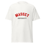 Unisex black t-shirt featuring Massey University logo printed across the front chest