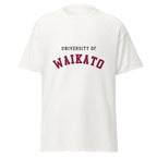 Unisex black t-shirt featuring University of Waikato logo printed across the front chest