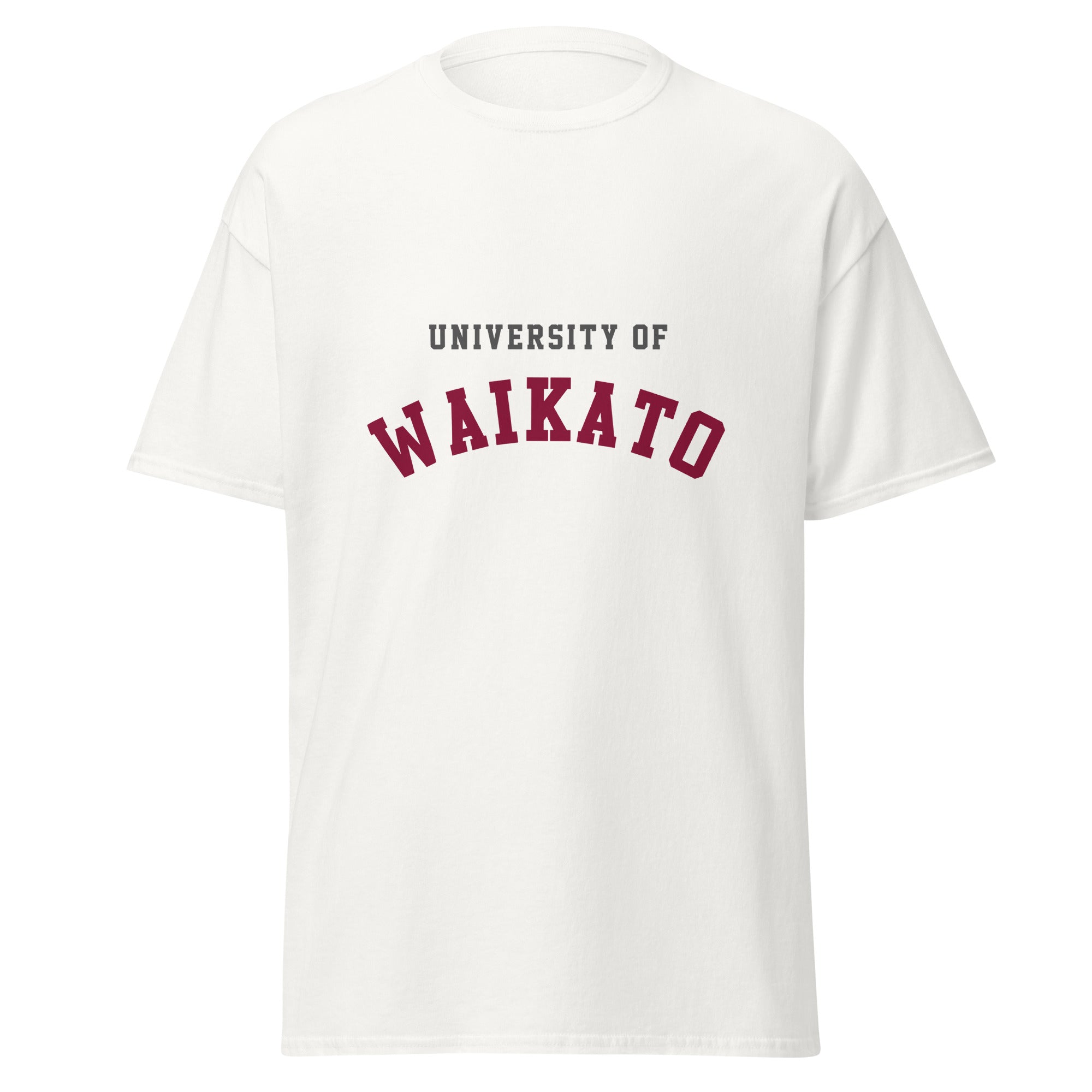 Unisex black t-shirt featuring University of Waikato logo printed across the front chest