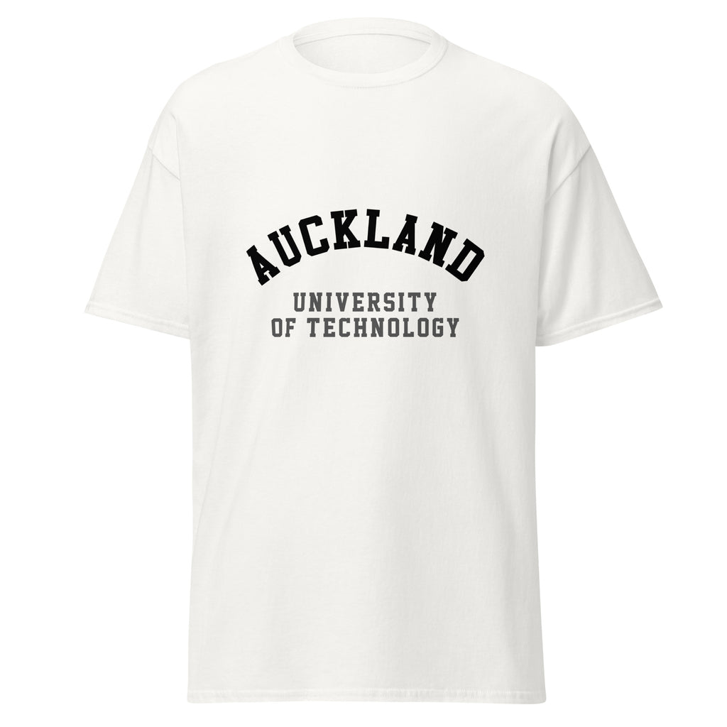 Unisex black t-shirt featuring Auckland University of Technology logo printed across the front chest