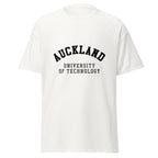 Unisex black t-shirt featuring Auckland University of Technology logo printed across the front chest