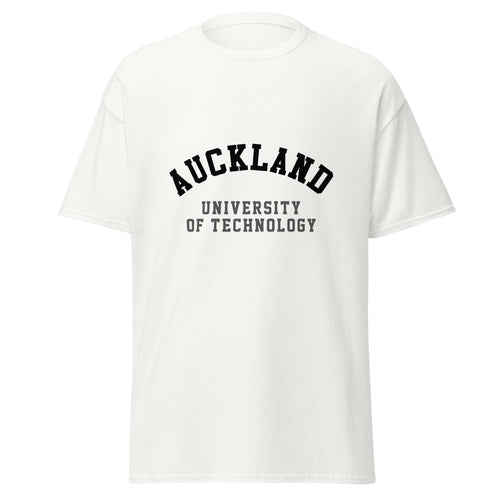 Unisex black t-shirt featuring Auckland University of Technology logo printed across the front chest