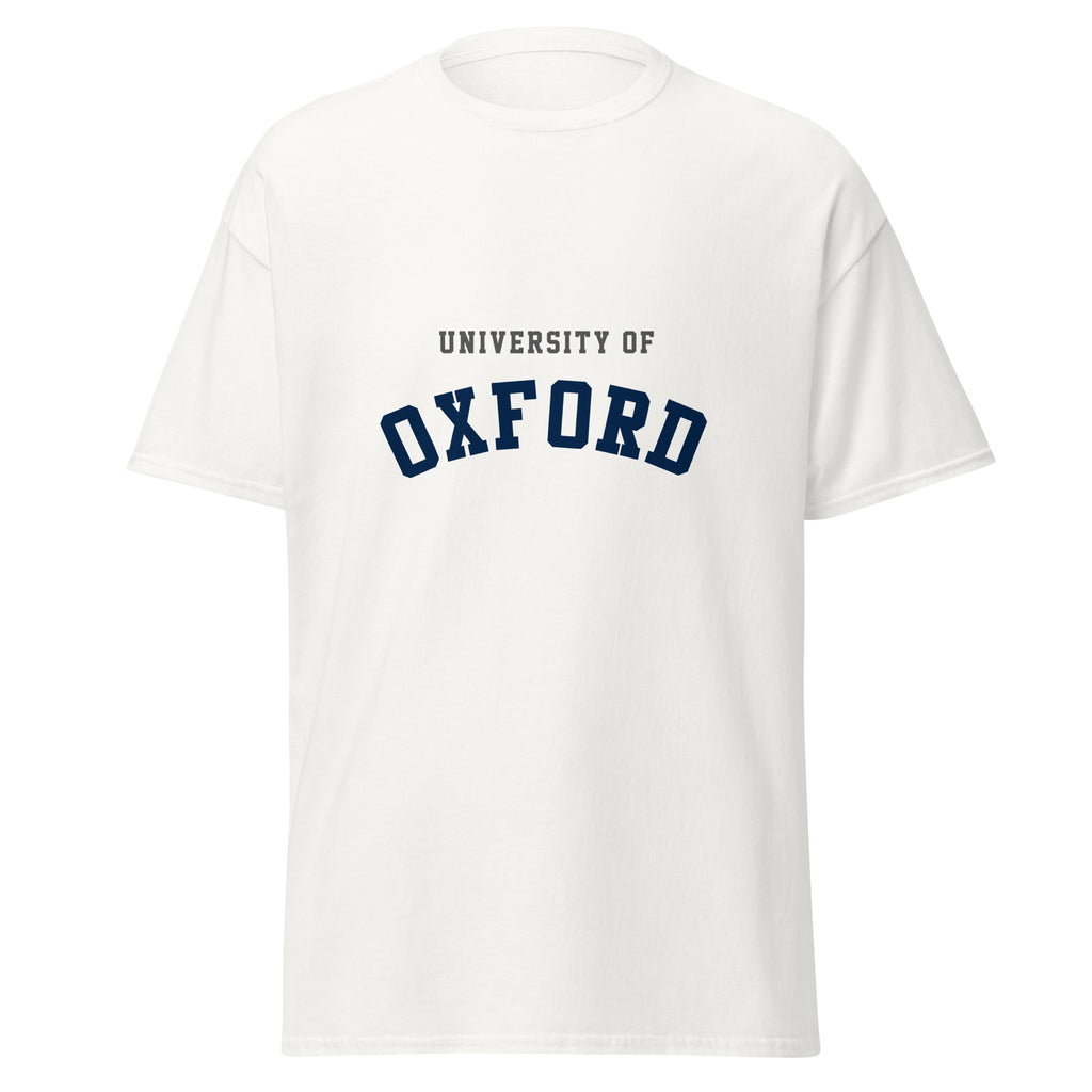 Unisex black t-shirt featuring University of Oxford logo printed across the front chest