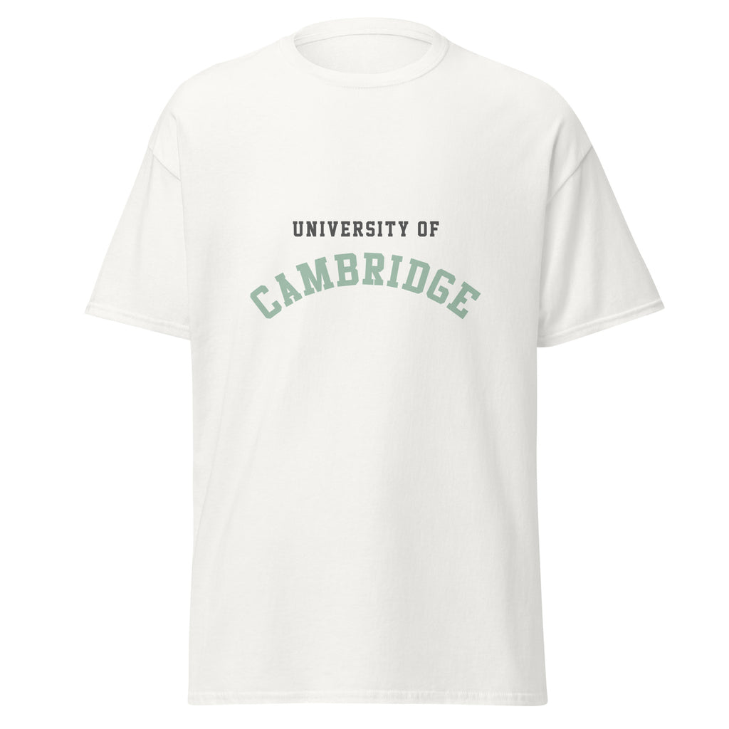Unisex black t-shirt featuring University of Cambridge logo printed across the front chest