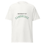 Unisex black t-shirt featuring University of Cambridge logo printed across the front chest