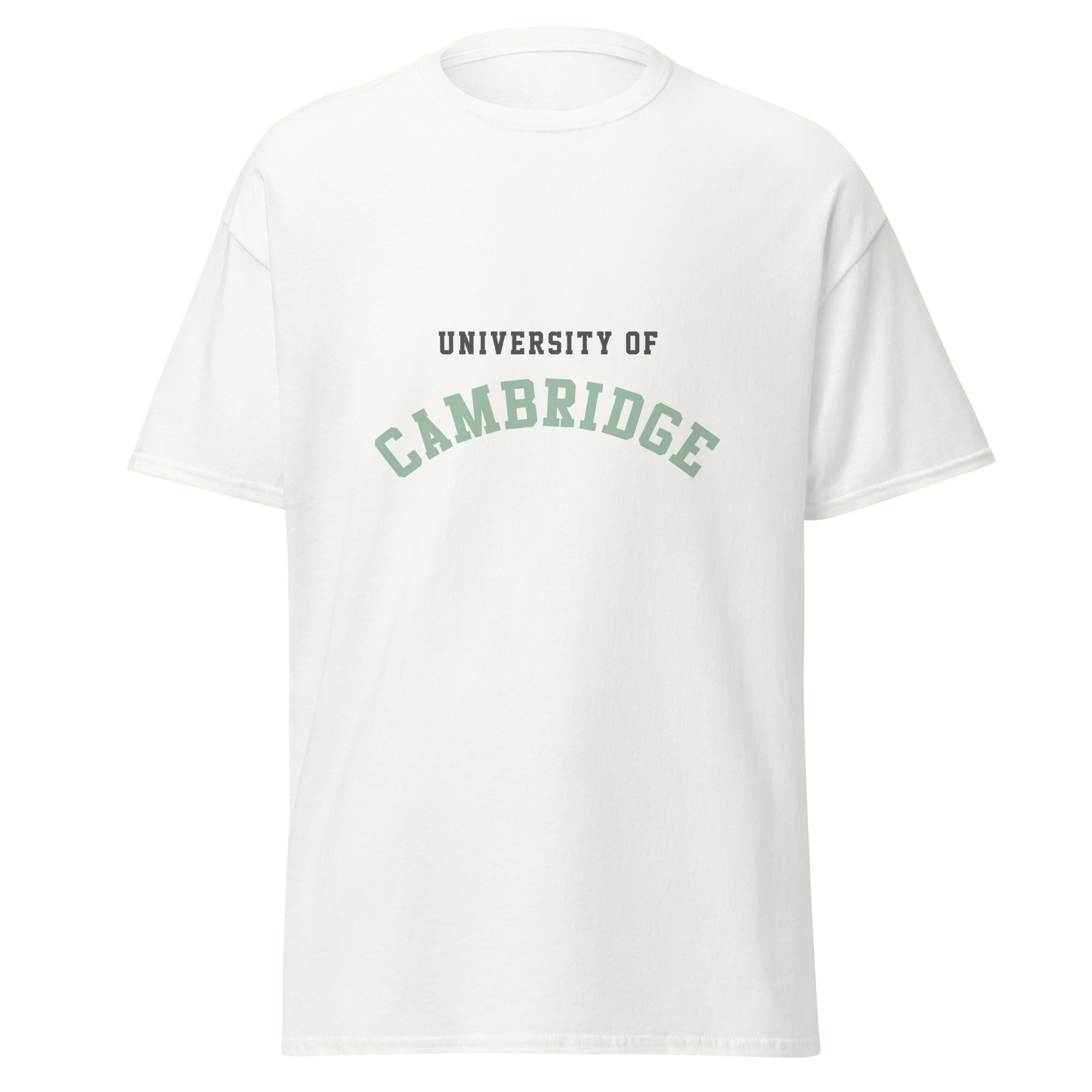 Unisex black t-shirt featuring University of Cambridge logo printed across the front chest