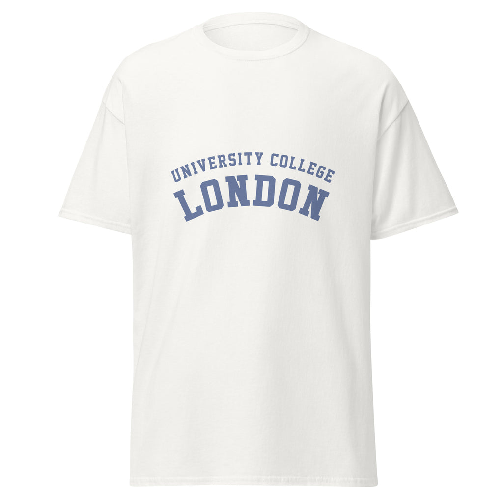 Unisex black t-shirt featuring University College London logo printed across the front chest