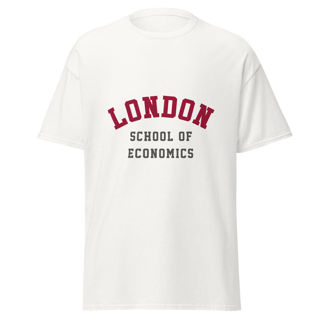 Unisex black t-shirt featuring London School of Economics logo printed across the front chest