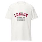 Unisex black t-shirt featuring London School of Economics logo printed across the front chest