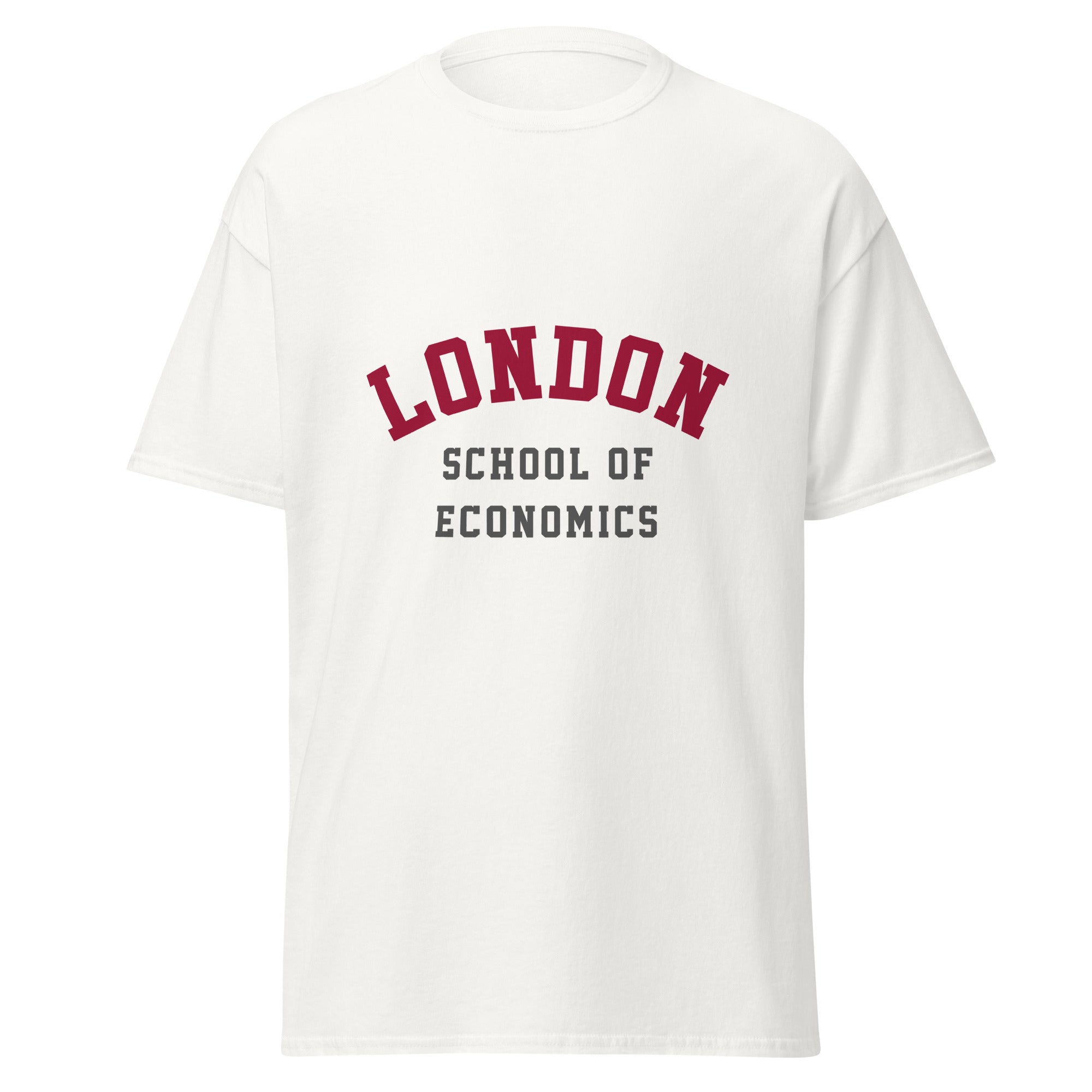 Unisex black t-shirt featuring London School of Economics logo printed across the front chest