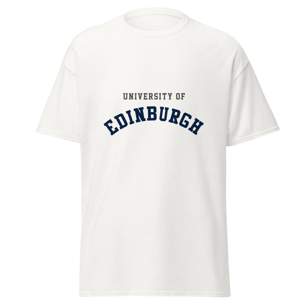 Unisex black t-shirt featuring University of Edinburgh logo printed across the front chest