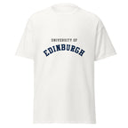Unisex black t-shirt featuring University of Edinburgh logo printed across the front chest