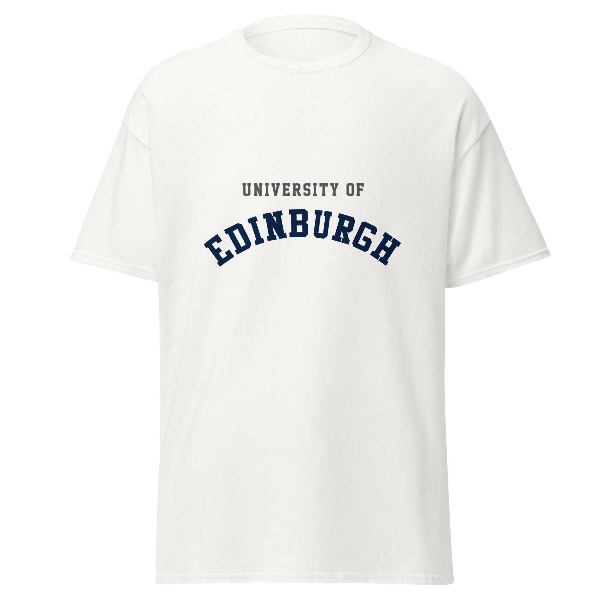 Unisex black t-shirt featuring University of Edinburgh logo printed across the front chest