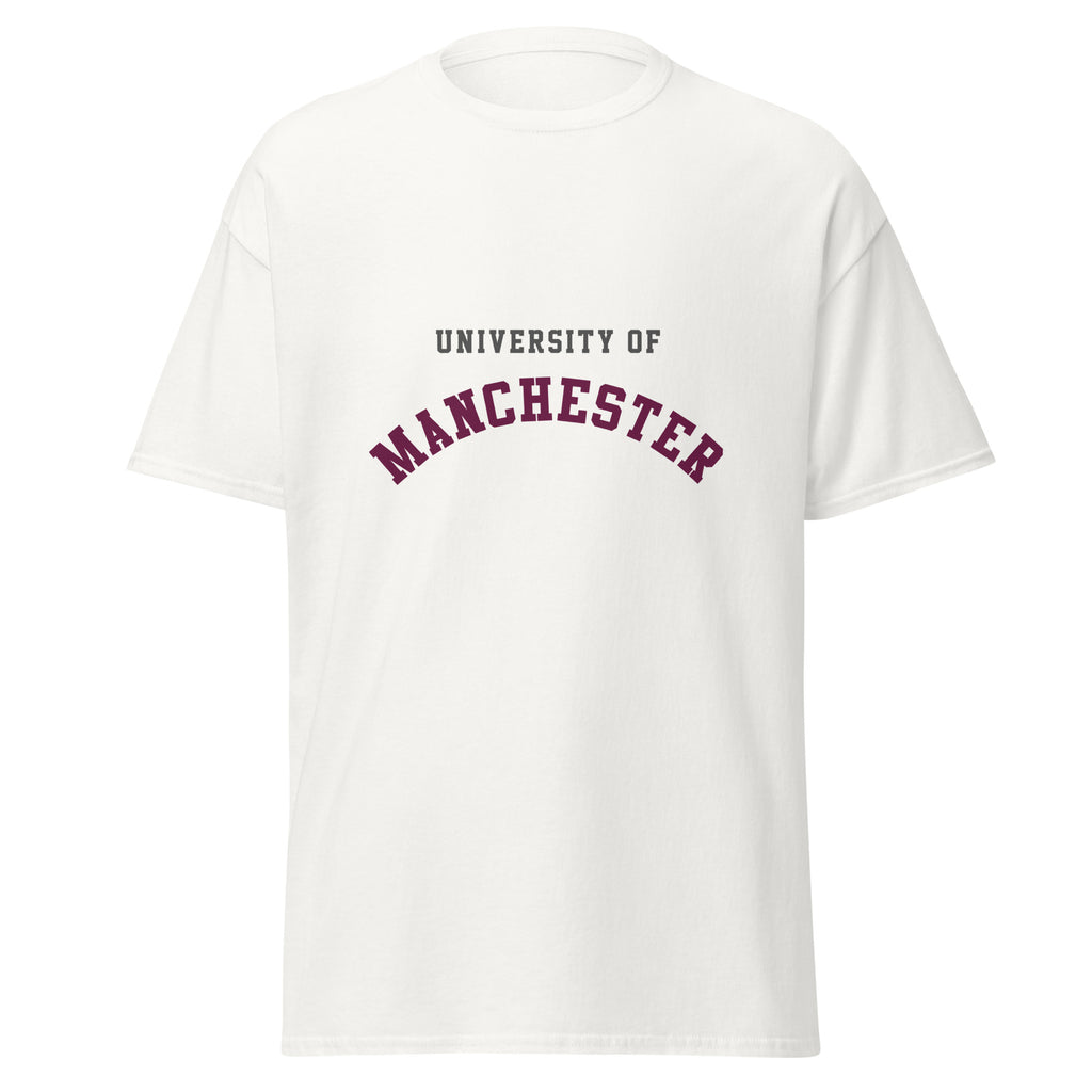 Unisex black t-shirt featuring University of Manchester logo printed across the front chest