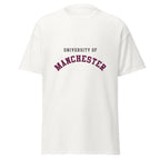 Unisex black t-shirt featuring University of Manchester logo printed across the front chest