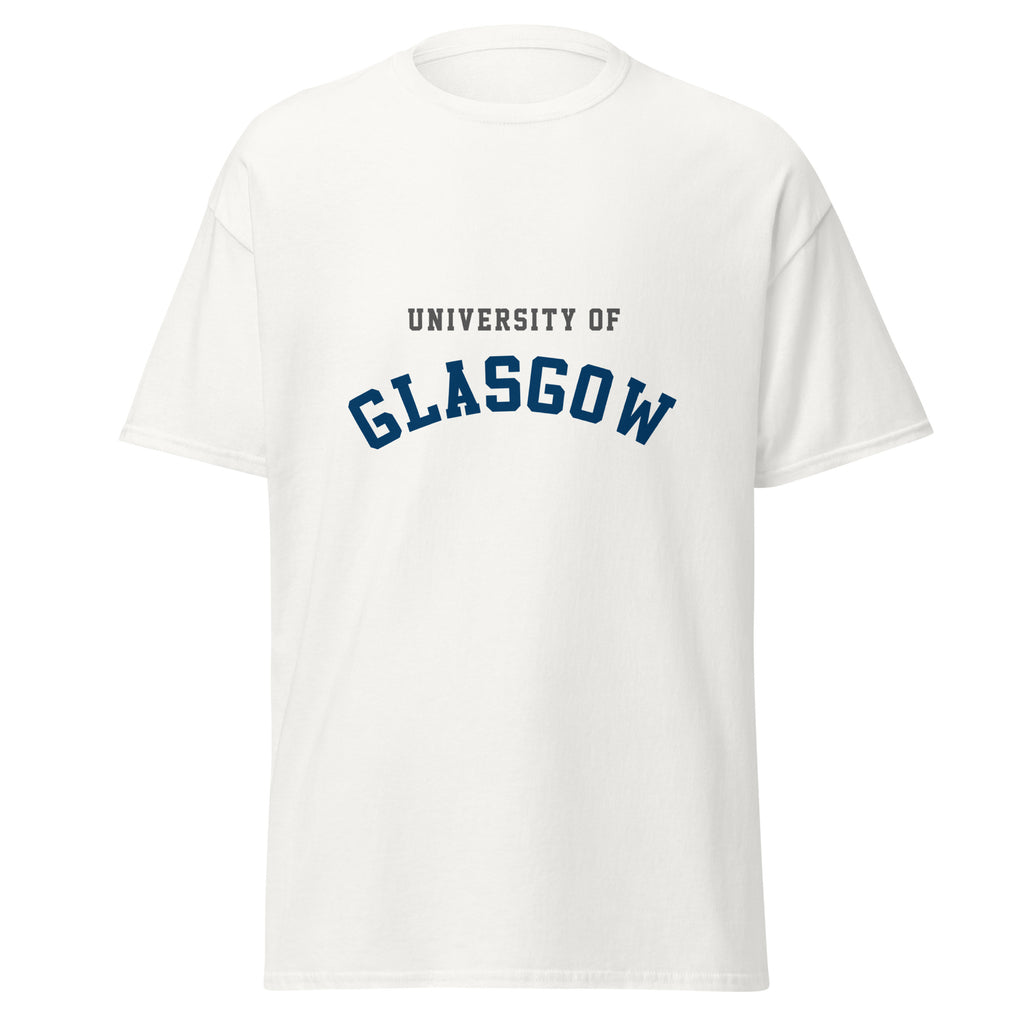 Unisex black t-shirt featuring University of Glasgow logo printed across the front chest