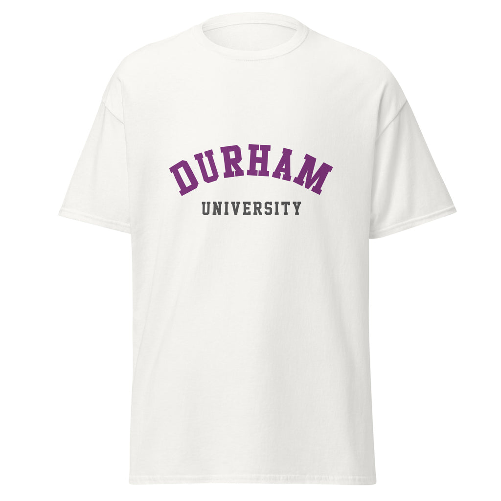 Unisex black t-shirt featuring Durham University logo printed across the front chest
