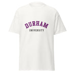 Unisex black t-shirt featuring Durham University logo printed across the front chest