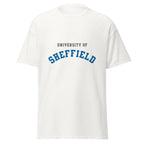 Unisex black t-shirt featuring University of Sheffield logo printed across the front chest