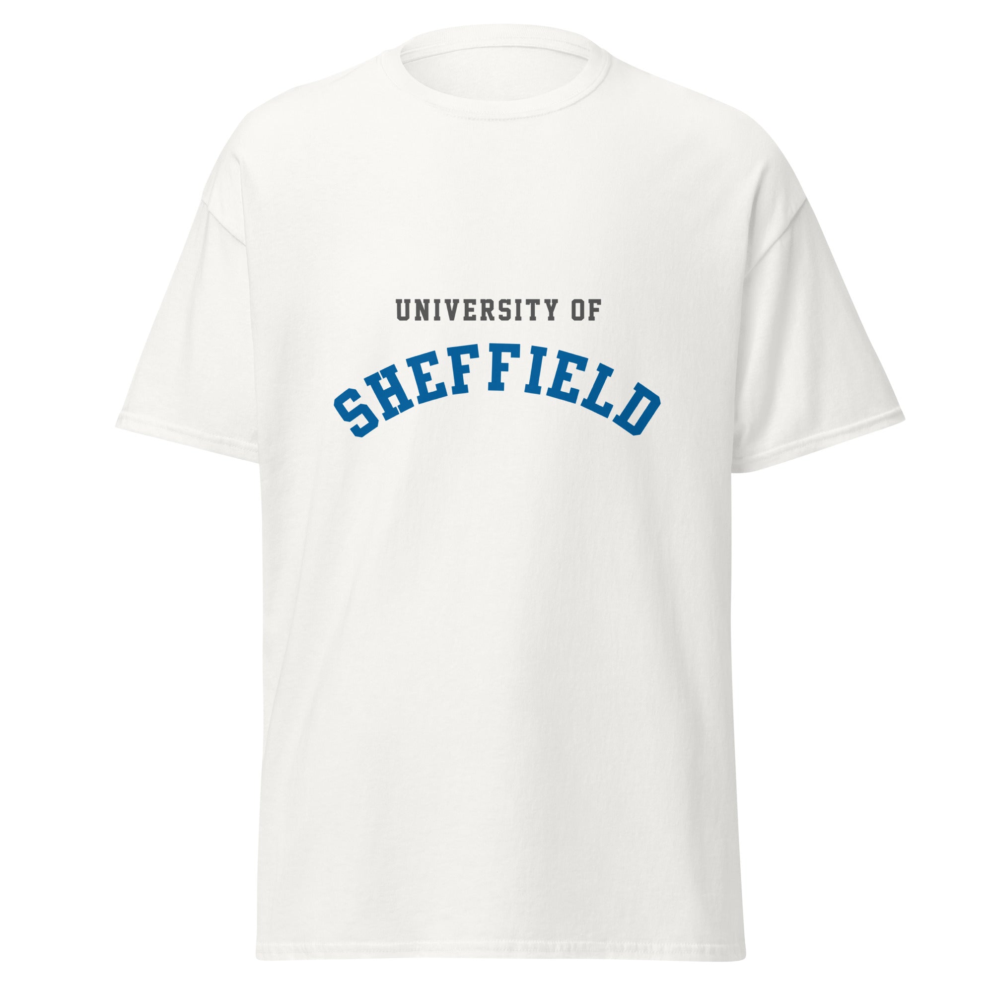 Unisex black t-shirt featuring University of Sheffield logo printed across the front chest