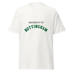 Unisex black t-shirt featuring University of Nottingham logo printed across the front chest