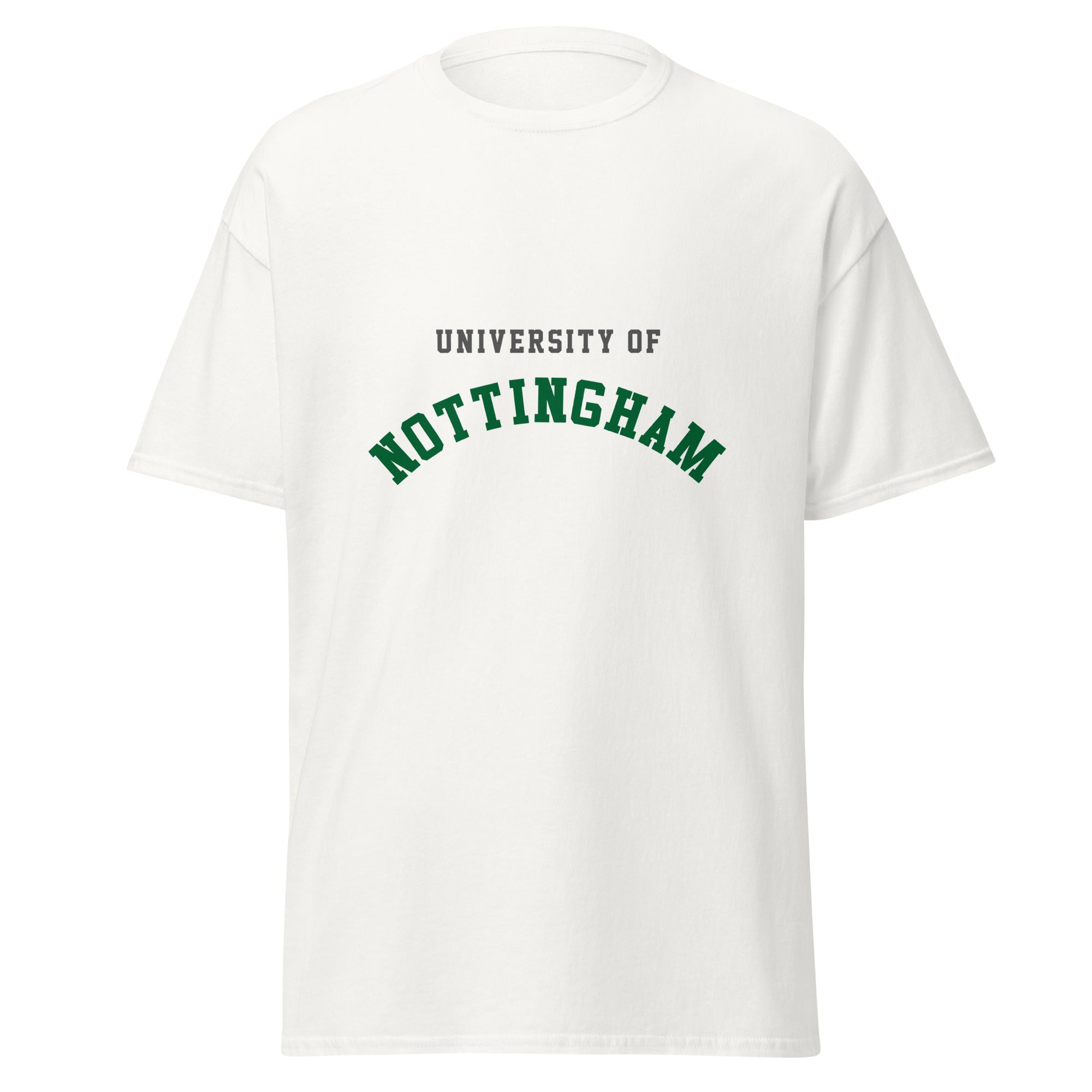 Unisex black t-shirt featuring University of Nottingham logo printed across the front chest