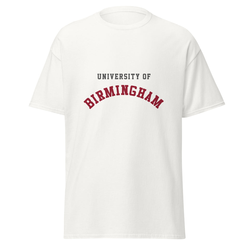 Unisex black t-shirt featuring University of Birmingham logo printed across the front chest