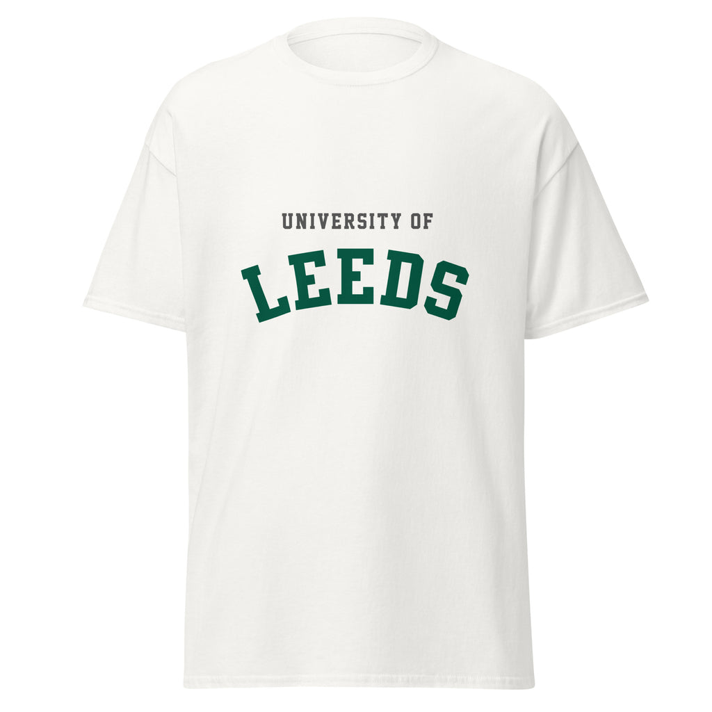 Unisex black t-shirt featuring University of Leeds logo printed across the front chest