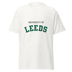Unisex black t-shirt featuring University of Leeds logo printed across the front chest