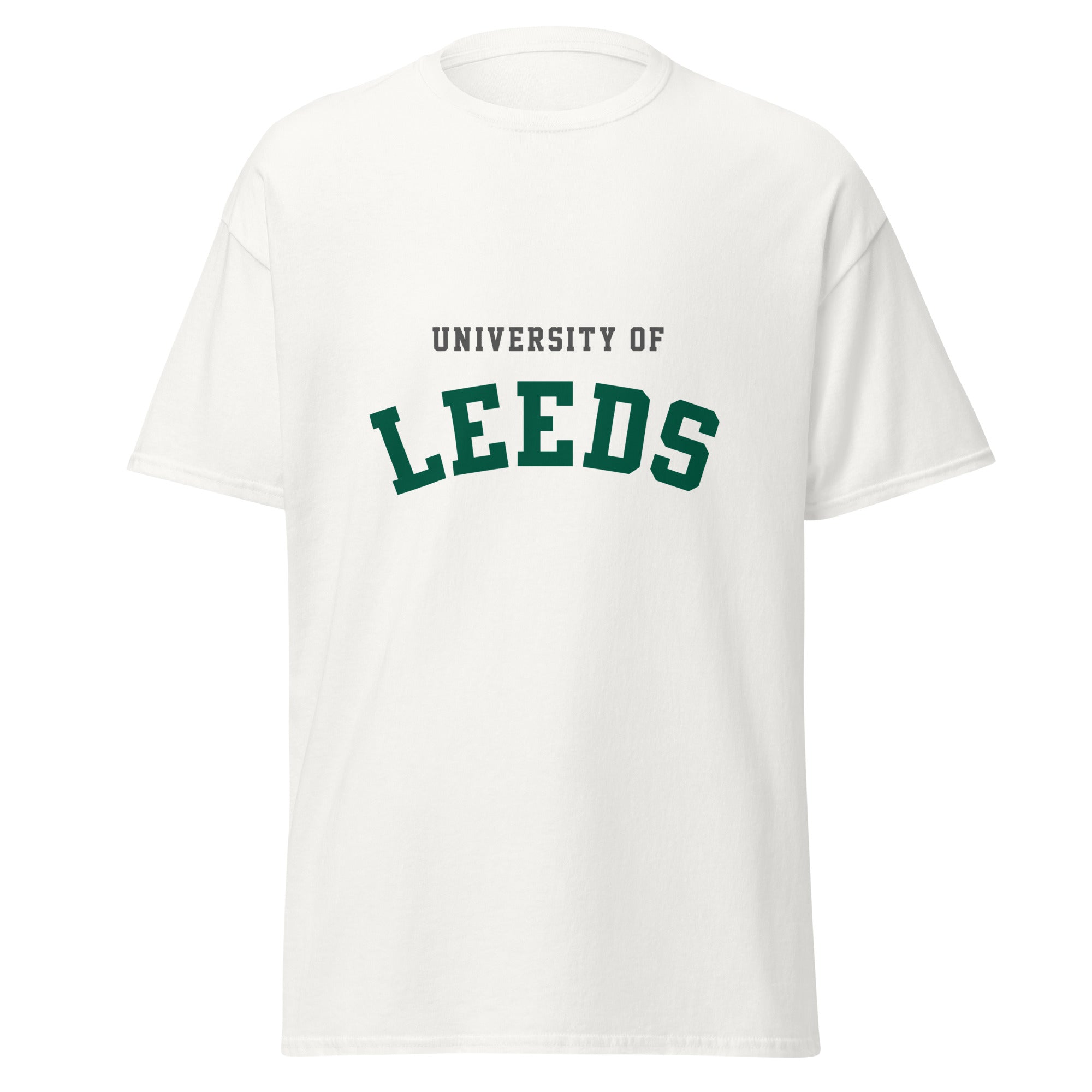 Unisex black t-shirt featuring University of Leeds logo printed across the front chest
