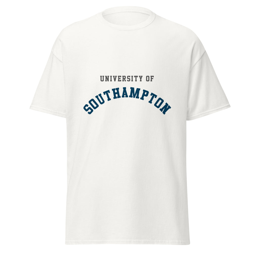 Unisex black t-shirt featuring University of Southampton logo printed across the front chest
