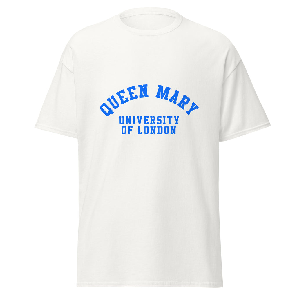 Unisex black t-shirt featuring Queen Mary University of London logo printed across the front chest
