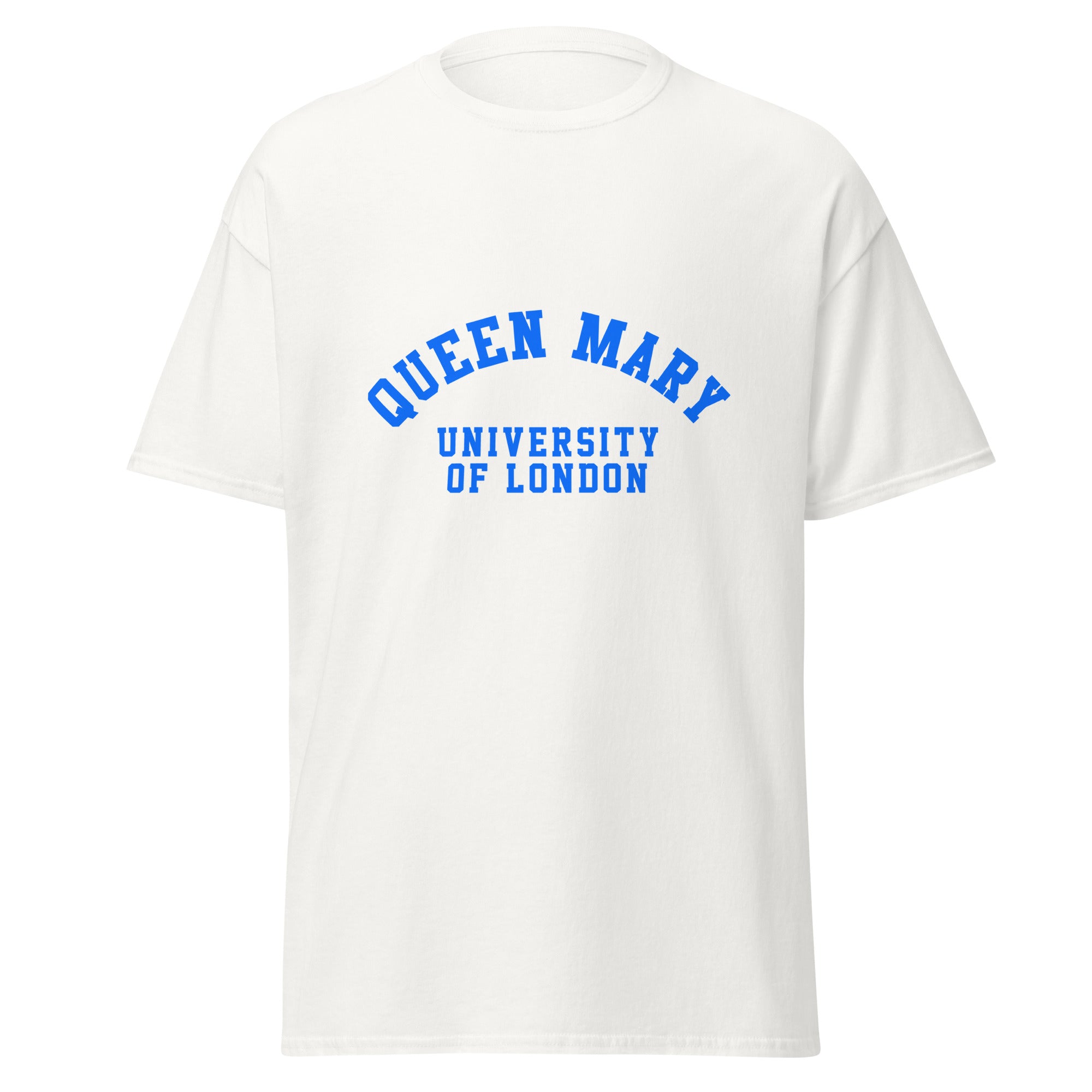 Unisex black t-shirt featuring Queen Mary University of London logo printed across the front chest