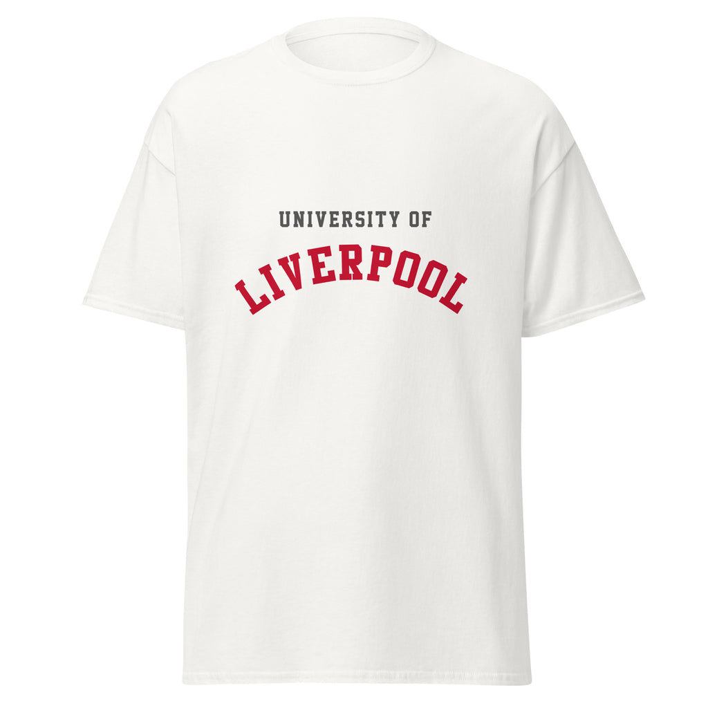Unisex black t-shirt featuring University of Liverpool logo printed across the front chest
