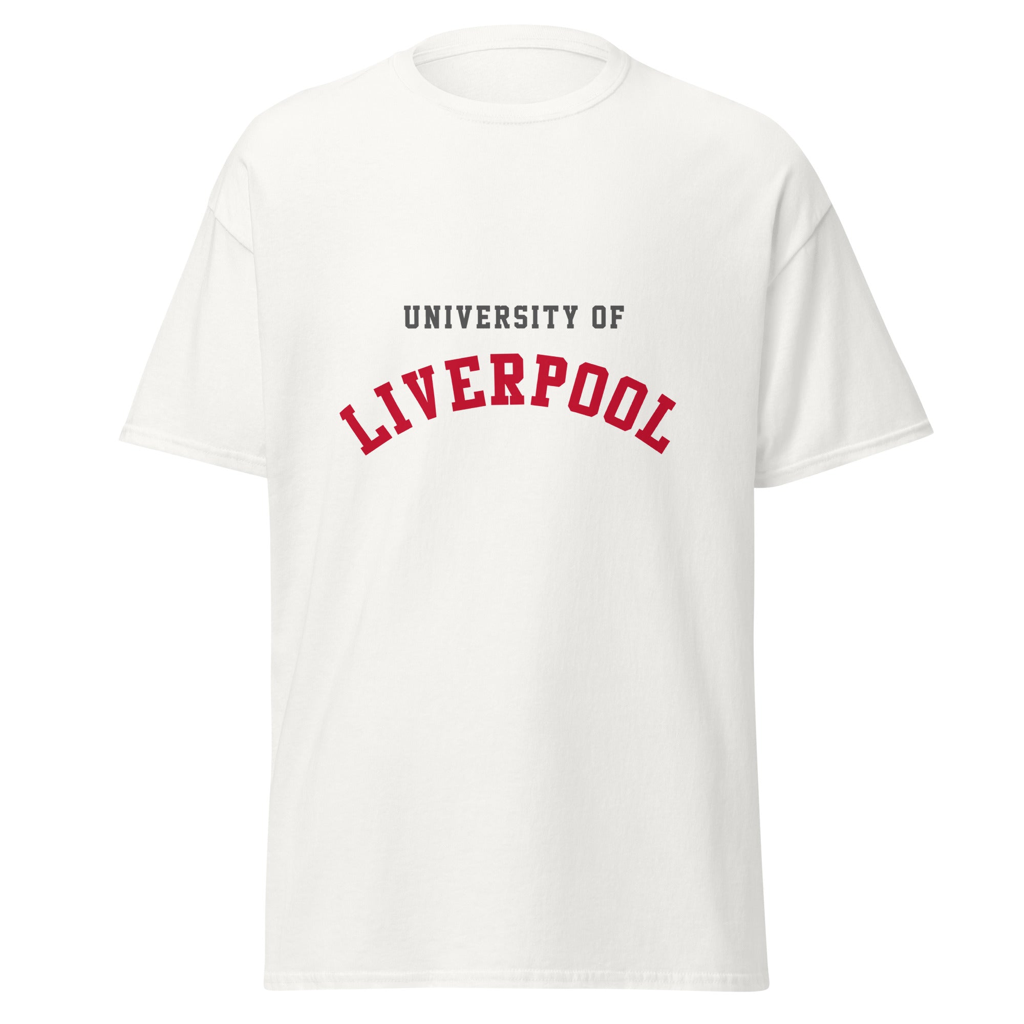 Unisex black t-shirt featuring University of Liverpool logo printed across the front chest