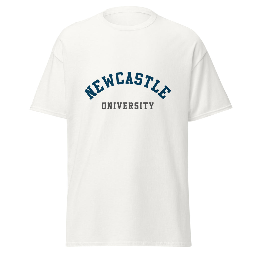 Unisex black t-shirt featuring Newcastle University logo printed across the front chest
