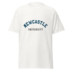 Unisex black t-shirt featuring Newcastle University logo printed across the front chest
