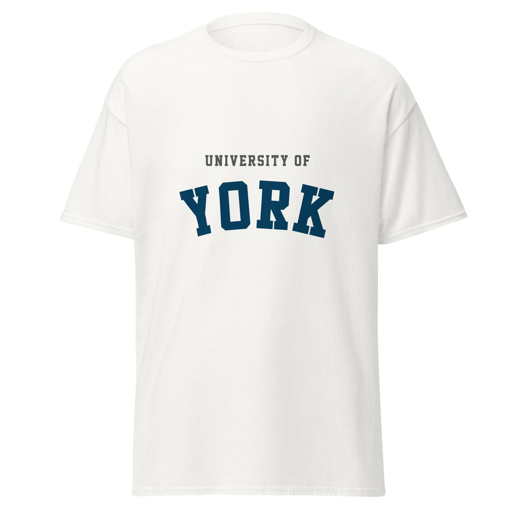Unisex black t-shirt featuring University of York logo printed across the front chest
