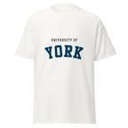 Unisex black t-shirt featuring University of York logo printed across the front chest