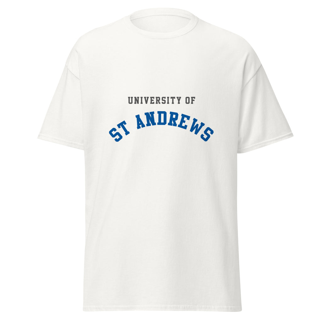 Unisex black t-shirt featuring University of St Andrews logo printed across the front chest
