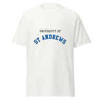 Unisex black t-shirt featuring University of St Andrews logo printed across the front chest
