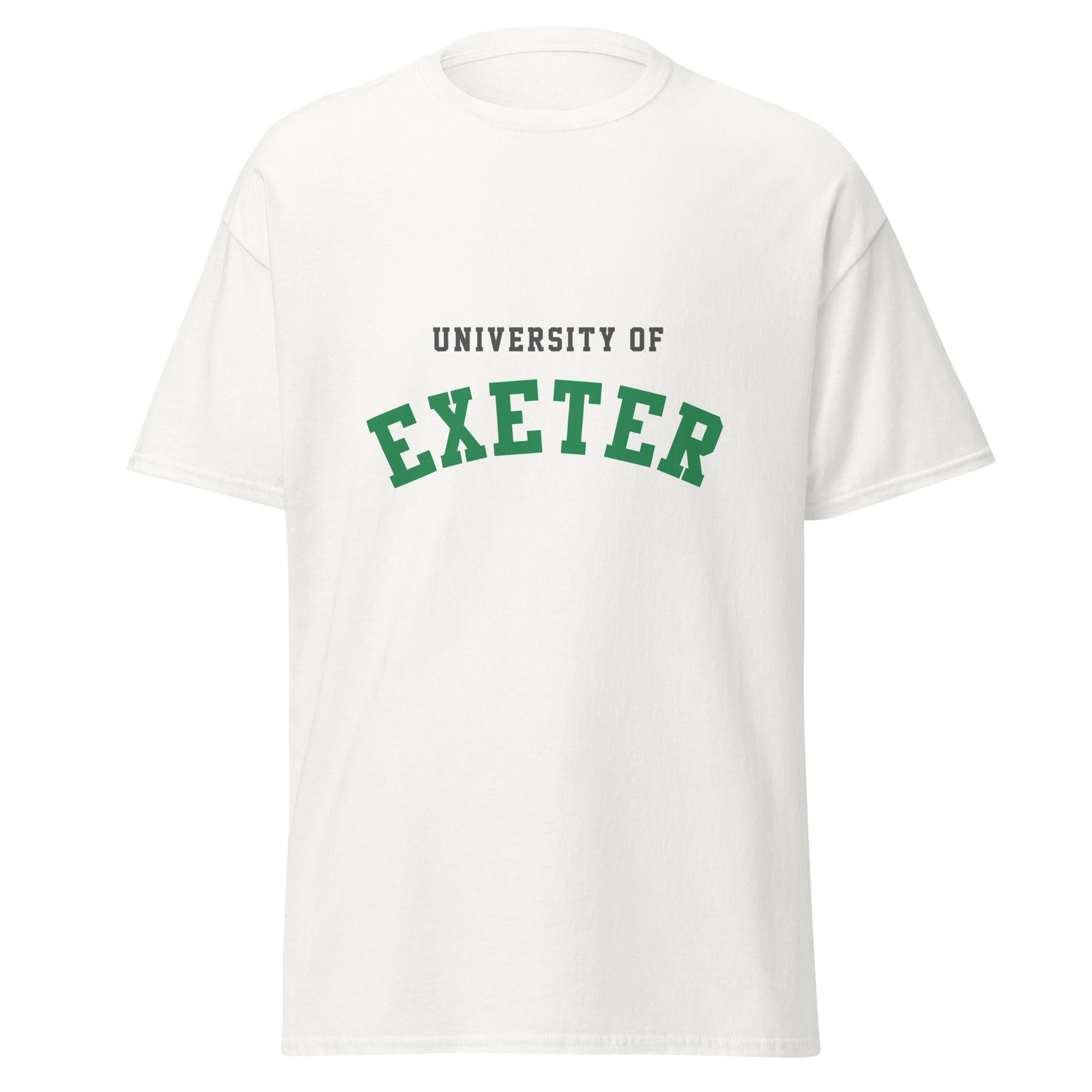 Unisex black t-shirt featuring University of Exeter logo printed across the front chest