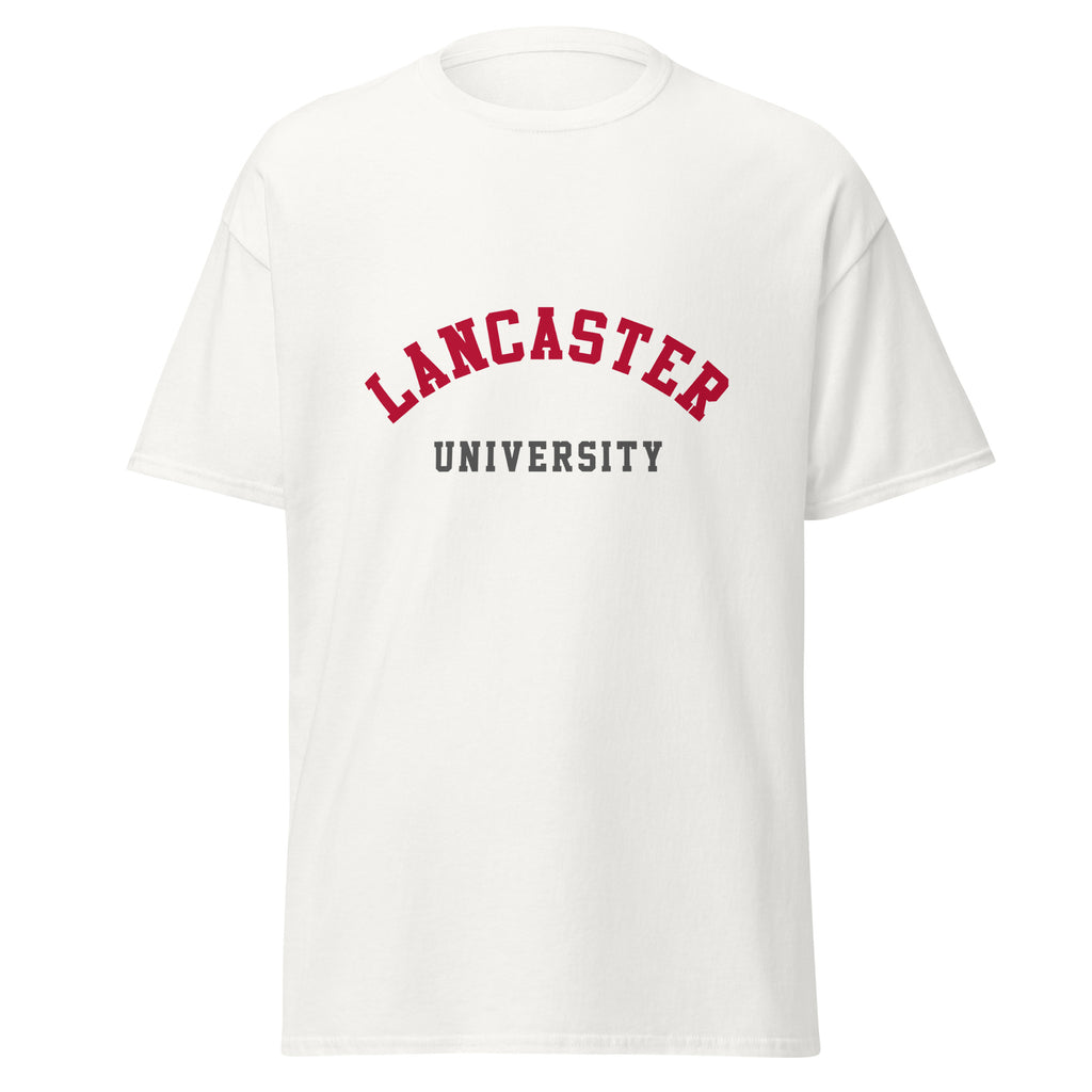 Unisex black t-shirt featuring Lancaster University logo printed across the front chest