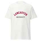 Unisex black t-shirt featuring Lancaster University logo printed across the front chest