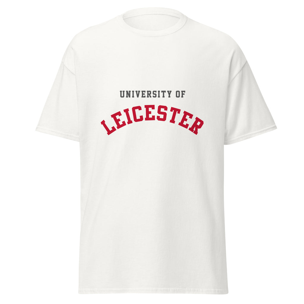 Unisex black t-shirt featuring University of Leicester logo printed across the front chest
