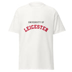 Unisex black t-shirt featuring University of Leicester logo printed across the front chest