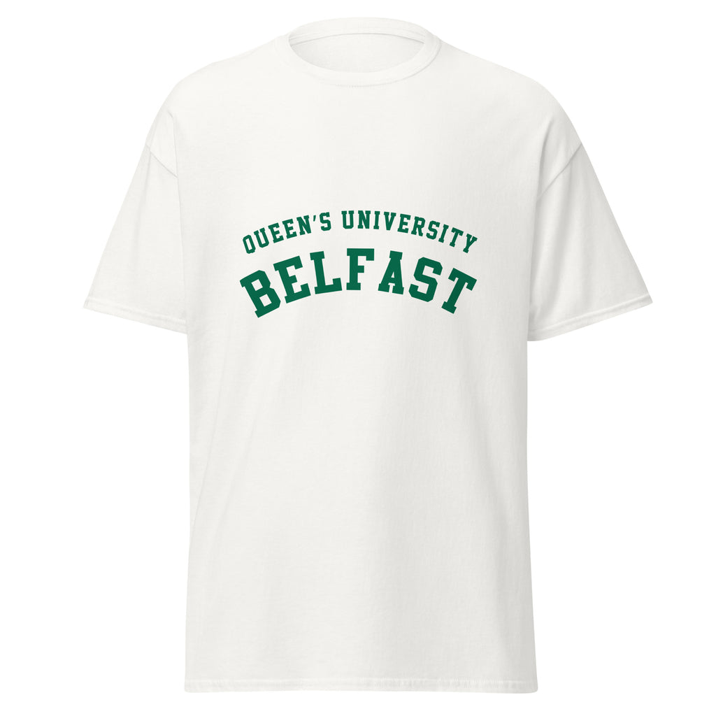 Unisex black t-shirt featuring Queen's University Belfast logo printed across the front chest